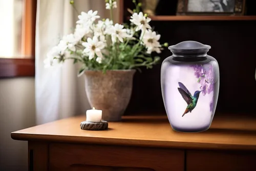 Miniatura 6 de Urnas de cremación de colibrí para cenizas de adultos, urnas decorativas grandes moradas para cenizas humanas, recipiente conmemorativo hecho a mano