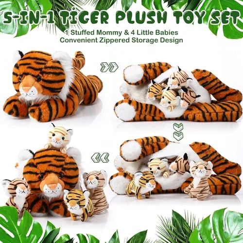 Miniatura 4 de Threan - Juego de 5 juguetes de peluche de tigre, de 16 pulgadas, mamá tigre con 4 cachorros en vientre con cremallera, peluches de regreso a