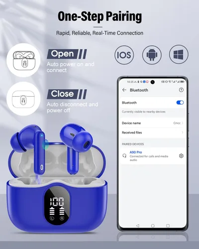 Miniatura 5 de Auriculares inalámbricos, Bluetooth 5.4, estéreo de bajos, auriculares con micrófono con cancelación de ruido, pantalla LED en el oído, llamadas Azul
