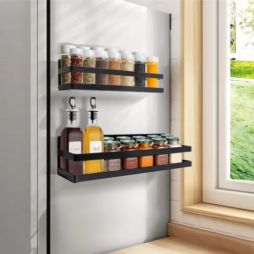 Uten Estante magnético grande para especias para refrigerador, paquete de 2 estantes magnéticos mejorados, estante magnético organizador de Negro