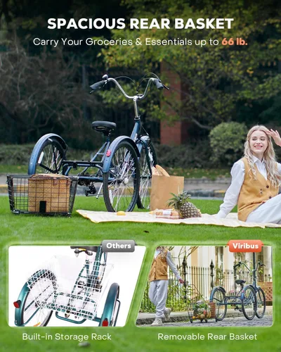 Miniatura 3 de VIRIBUS Triciclo plegable para adultos, triciclo plegable de 7 velocidades para adultos con cesta con ruedas extraíble, bicicletas plegables de 3
