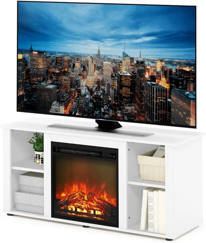 Miniatura 12 de Furinno Jensen - Soporte para TV con chimenea y centro de entretenimiento con almacenamiento abierto para TV de hasta 55 pulgadas, color gris roble