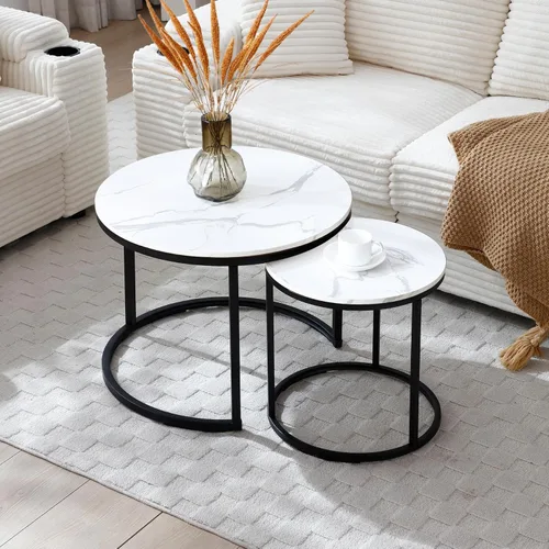 Miniatura 10 de Juego de 2 mesas auxiliares anidables para sala de estar, juego de mesa auxiliar redonda moderno, mesa auxiliar circular de madera y muebles Negro
