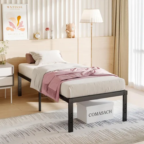Miniatura 3 de Base de cama alta de 18 pulgadas, tamaño individual, marcos de cama de metal resistentes en negro, no necesita somier, fácil montaje, almacenamiento