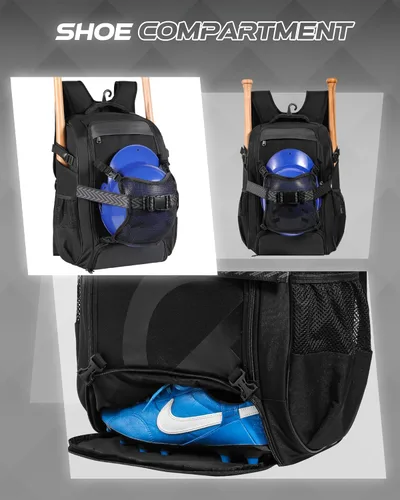 Miniatura 6 de Mochila grande de béisbol para adultos y jóvenes, bolsa de bate de sóftbol de 42L con casco ajustable desmontable con bolsillo de malla, ajuste