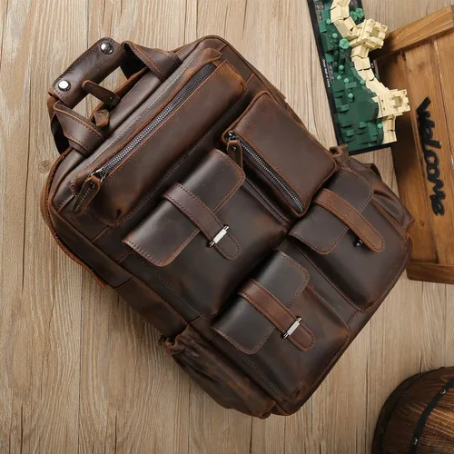 Miniatura 8 de Mochila de cuero genuino para hombre, estilo vintage, de 15.6 pulgadas, bolsa para computadora portátil, varios bolsillos, mochila casual de viaje