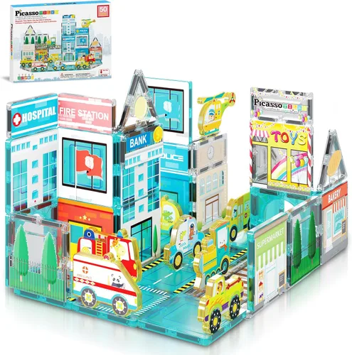 Miniatura 10 de PicassoTiles Bloques Magnéticos de Construcción con 8 Vehículos de Construcción: Camión Grúa, Excavadora, Bulldozer, Rodillo Compactador, Mezcladora
