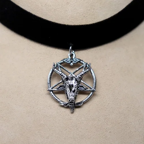 Miniatura 3 de Baphomet - Gargantilla de terciopelo negro con cabeza de cabra y pentáculo invertido, ajustable, Metal