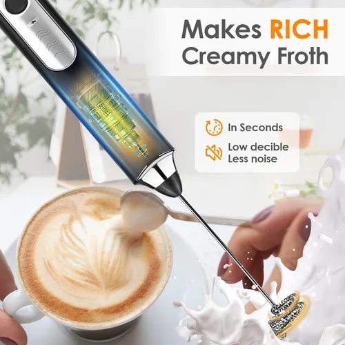Miniatura 5 de Espumador de leche de mano, varita espumadora de café recargable con 2 batidores de acero inoxidable 3 velocidades, mezclador de bebidas, máquina