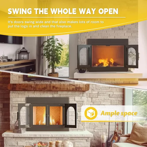 Miniatura 3 de TOCRETOARE Puerta de chimenea, puertas de lugares de fuego con pantalla y decoración de vidrio, protector de malla de hierro para chimeneas