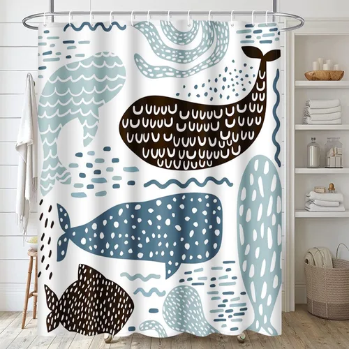 Miniatura 5 de Emvency Cortina de ducha náutica animal marino para niños, ballena, pulpo, pez, impermeable, tela de poliéster, 60 x 72 pulgadas, juego con ganchos