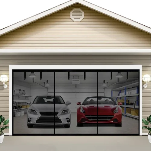 Miniatura 10 de Pantalla magnética para puerta de garaje de 10 x 9 pies para 1 automóvil, cortinas de red manos libres, cierre de puerta retráctil de fibra