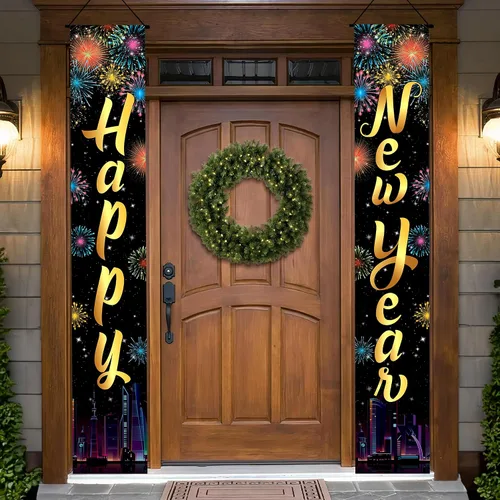 Miniatura 11 de KatchOn XtraLarge Pancarta de Feliz Año Nuevo 2026 – 72 x 12 pulgadas Pancarta de puerta de Feliz Año Nuevo negra y dorada para decoraciones