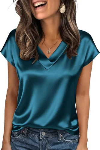 Miniatura 5 de Zeagoo - Camisetas de mujer de satén de seda, tops de manga corta con cuello en V, blusas para negocios y conjuntos casuales, talla S-2XL