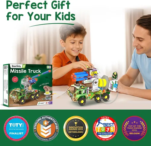 Miniatura 6 de Smartivity Camión de misiles, juguete STEM para niños, construye tu propio camión militario con lanzador giratorio impulsado por aire, regalo