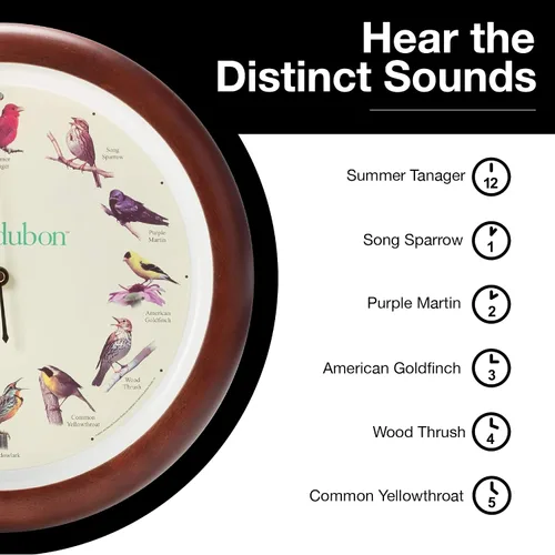 Miniatura 4 de Mark Feldstein, Audubon - Reloj de pared con diseño de pájaro cantante, 13 pulgadas, cereza prémium