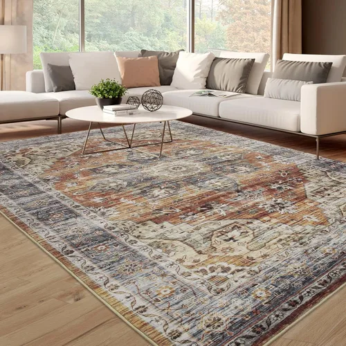Miniatura 23 de JOLENE.K Alfombra oriental lavable de 6 x 9 pies, suave, con estampado envejecido, vintage, antideslizante, resistente a las manchas, de pelo bajo
