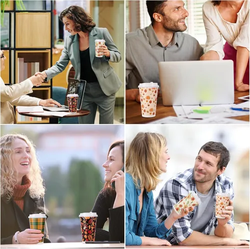 Miniatura 6 de Irenare Paquete de 96 tazas de café desechables de Acción de Gracias con tapas, 16 onzas, hojas de arce de otoño, tazas de café de papel