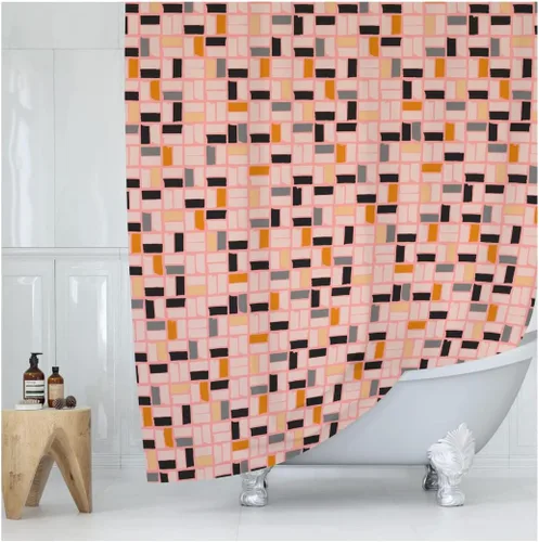 Miniatura 7 de Cortina de ducha MidMod rosa – 72 x 72 pulgadas, cortina de baño moderna de mediados de siglo con patrón cuadrado abstracto, diseño retro de tela