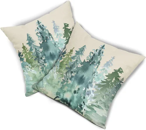 Miniatura 8 de Juego de 2 fundas de almohada de árbol azul verde acuarela de 22 x 22 pulgadas, estilo rústico, estampado de bosque natural, almohadas decorativas
