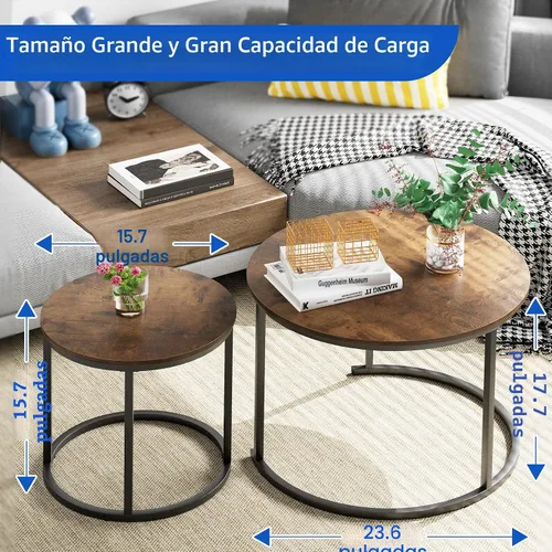 Miniatura 2 de aboxoo - Mesa de centro apilable redonda, juego de 2 mesas laterales con marco de metal resistente para sala de estar, dormitorio, apartamento