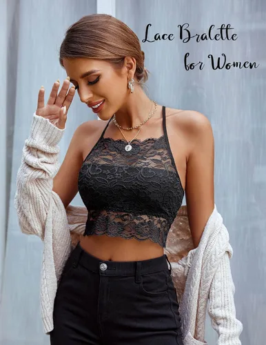 Miniatura 3 de Avidlove Bralette de encaje para mujer, camisolas de cuello alto, espalda cruzada, top corto de doble capa