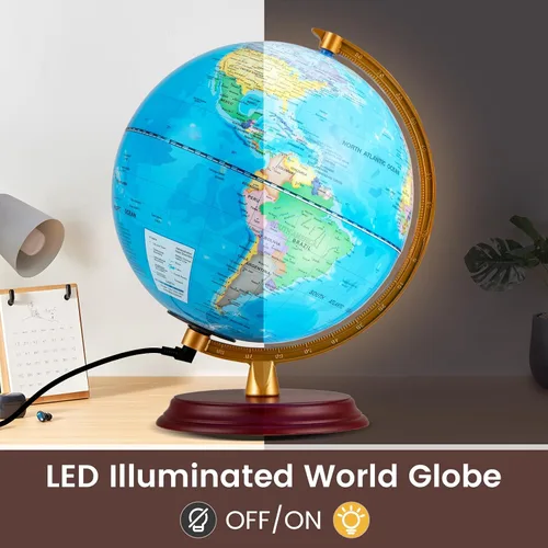 Miniatura 2 de Goplus Globo del mundo iluminado de 8 pulgadas, lámpara de globo iluminado de noche con soporte de madera y mapa HD para adultos, oficina en casa
