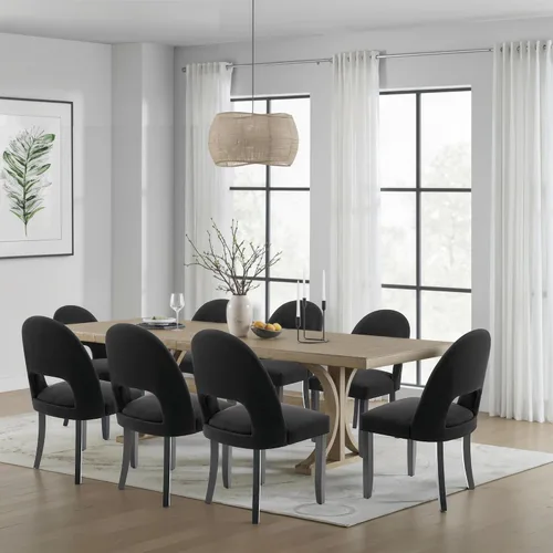 Miniatura 7 de Juego de 2 sillas de comedor de madera, modernas sillas de comedor tapizadas para cocina con tela de lino y respaldo abierto, patas de madera
