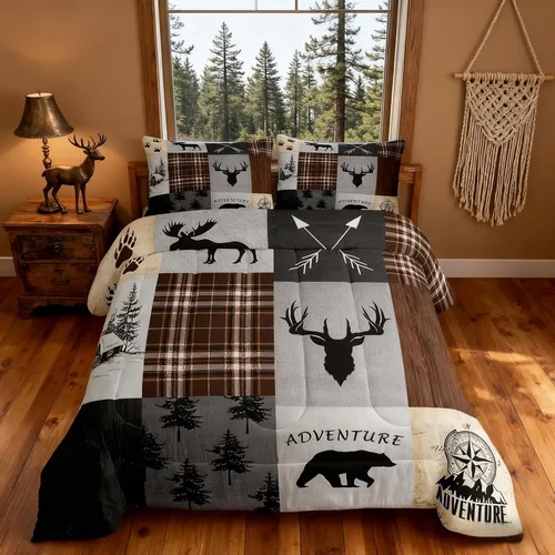 Miniatura 2 de Juego de edredón de cuernos de ciervo tamaño individual, juego de ropa de cama rústica de granja con huellas de oso y pinos para decoración