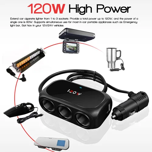 Miniatura 4 de Adaptador divisor de encendedor de cigarrillos de coche de 3 enchufes, 2 extensores USB [120W] [12V/24V] [cargador de coche dual USB de 3.1 A]