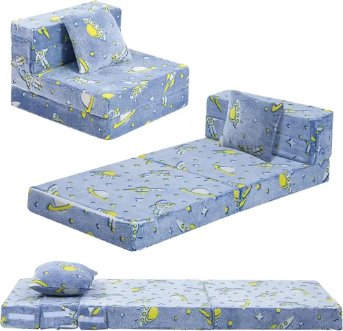 Miniatura 14 de MeMoreCool Silla Cama Futón Plegable para Niños, Sofá Cama Tri-plegable Brillante Convertible Colchón Sofá para Niños Pequeños, Sofá de Espuma