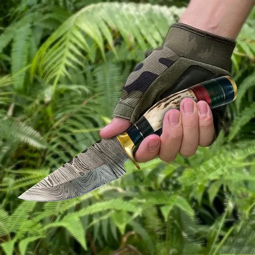 Miniatura 4 de Cuchillo de asta de ciervo de Damasco hecho a mano, cuchillo afilado de 7 pulgadas, forjado al fuego, funda de cuero, regalo para cazador, camping
