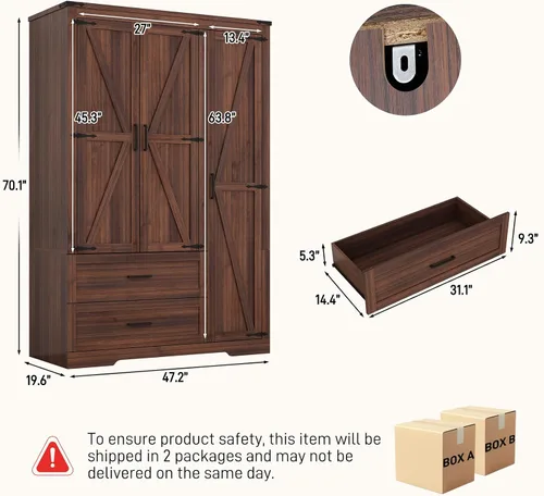 Miniatura 2 de Hlivelood Armario de 3 puertas con puertas y cajones, armario de madera de granja con estantes y barra para colgar para dormitorio, color marrón