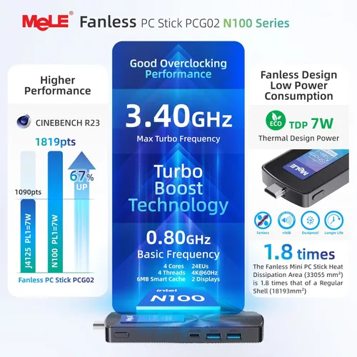 Miniatura 5 de MeLE Mini PC Stick sin ventilador PCG02 con Windows 11 Home, 12th N100 4GB 128GB, Mini computadora de escritorio, soporte 4K HDMI, PXE desbloqueado