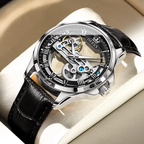 Miniatura 2 de OLEVS Relojes de esqueleto para hombre, automático, mecánico, de lujo, de cuero, impermeable, luminoso, reloj de pulsera para hombre