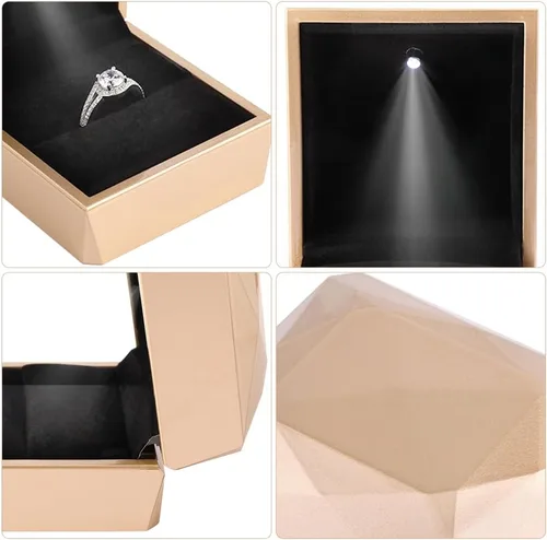 Miniatura 6 de iSuperb Caja de anillo de compromiso cuadrada con caja de luz LED, caja de regalo para propuesta, aniversario de boda (dorado)