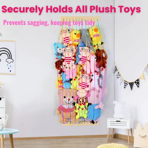 Miniatura 7 de Almacenamiento de animales de peluche, paquete de 2 organizadores de juguetes suaves de madera para habitación de los niños, lindo montaje en pared