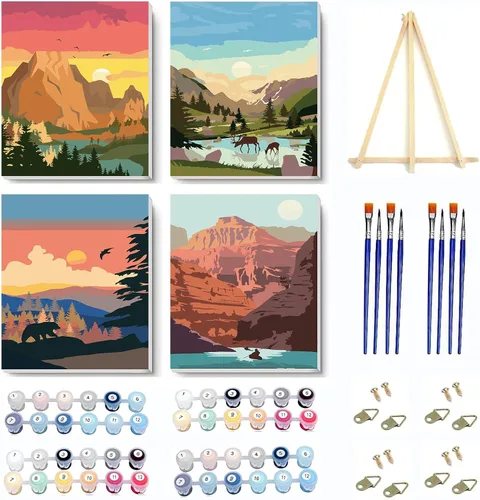 Miniatura 10 de VIGEGU Paquete de 4 pinturas por números para adultos, lienzo enmarcado, con caballete de madera, pintura por números para niños de 8 a 12 años