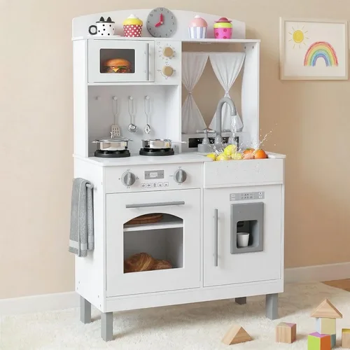 INFANS Cocina de Madera para Niños, Juego de Pretensión con Alturas Ajustables, Sonidos Realistas, Heladera, Microondas, Horno, Juguete de Cocina