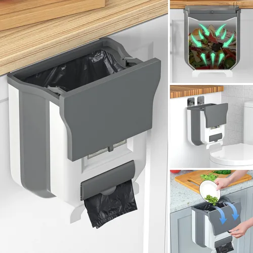 HI NINGER Bote de basura pequeño con tapa, blanco grisáceo, 2.4 galones, plegable, sello de olor, cubo de compost de cocina, colgante, portátil,
