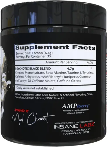 Miniatura 2 de Insane Labz Psychotic Black Edition - Polvo de preentrenamiento de estimulación media, energía, enfoque y bombas, cargado con creatina