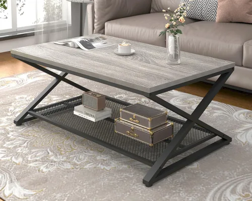 Miniatura 9 de LVB Mesa de café rústica, mesa de cóctel de té de madera y metal industrial de 2 niveles con almacenamiento para sala de estar, mesa central Marrón