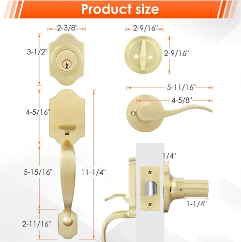 Miniatura 6 de Haidms Juego de manijas y cerrojos dorados para puerta delantera, cerradura de puerta delantera, cerraduras doradas para puerta de entrada