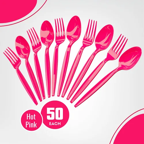 Miniatura 2 de Juego de cuchara y tenedor rosa intenso (50 cada uno) – Vajilla rosa intenso para fiestas, cubiertos de plástico duradero, cubiertos