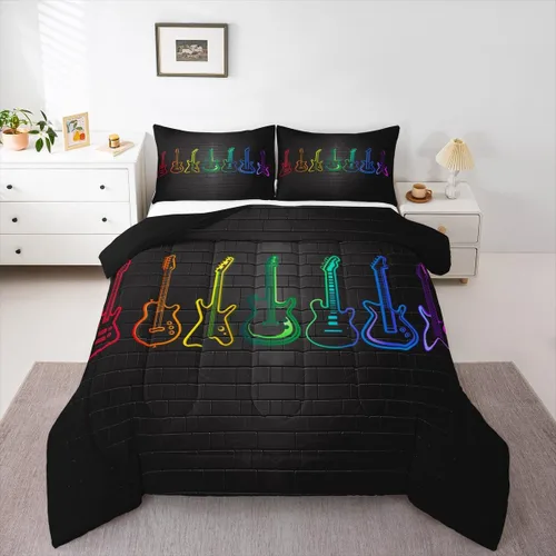Miniatura 13 de Juego de ropa de cama de guitarra, tamaño individual para niños y niñas, juego de edredón con teclados de piano, temática musical, inserto