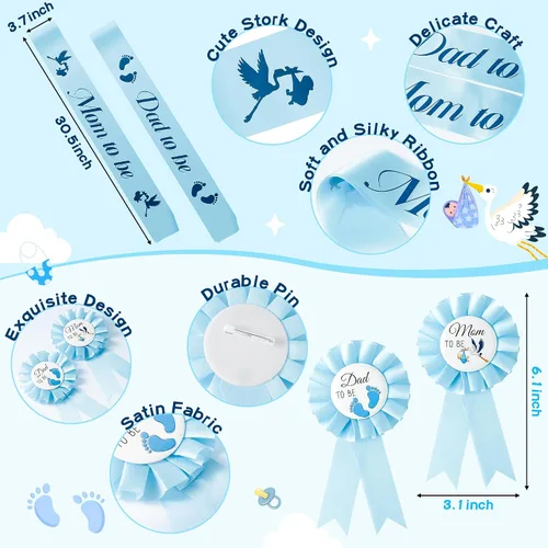 Miniatura 2 de Juego de 4 bandas de maternidad de cigüeña, diseño de cigüeña, color azul, para mamá y papá, con ramillete, tema de cigüeña, recuerdo de embarazo