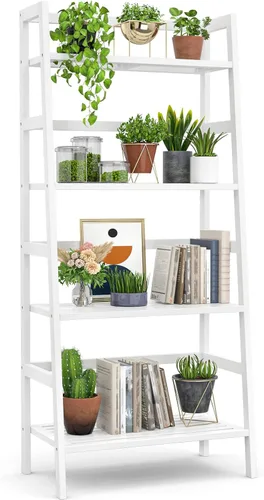 Homykic Estantería Escalera, Estantería de Libros Escalera de Bambú de 4 Niveles, Estante de Libros Blanco de 49.2", Librera Abierta Independiente