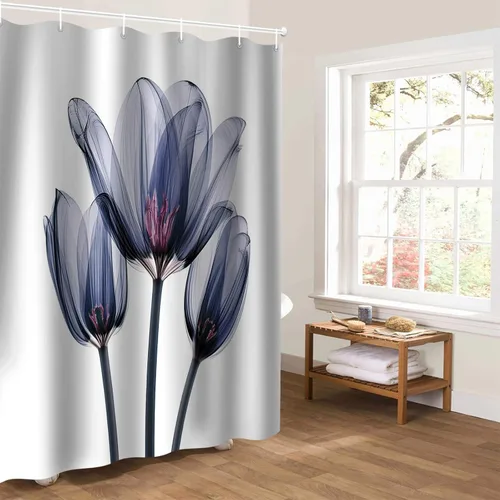 Miniatura 8 de Cortina de ducha, fotografía abstracta de tulipanes de flores azules transparentes, juego de cortina de ducha de tela impermeable con 12 ganchos