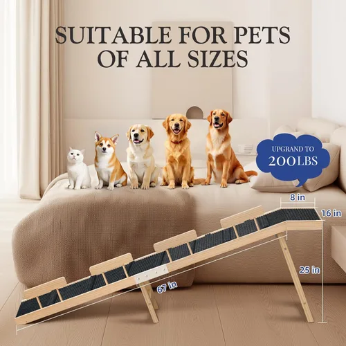 Miniatura 7 de Easyego Rampa plegable para perros para cama y sofá, rampa de madera para mascotas de 74 pulgadas con rieles laterales y alfombra de alta tracción