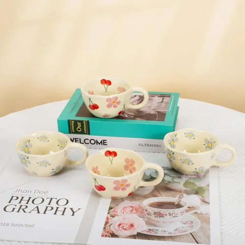 Miniatura 6 de Koythin 2 Piezas de Tazas de Café de Cerámica, Taza Creativa Linda con Flores para Oficina y Hogar, Taza Estética de 8.5 oz/250 ml para Café con 2